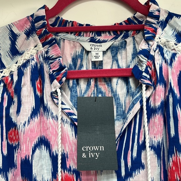 Crown & Ivy blue pink IKAT print Sz. Medium shift peasant dress NEW - Picture 3 of 7